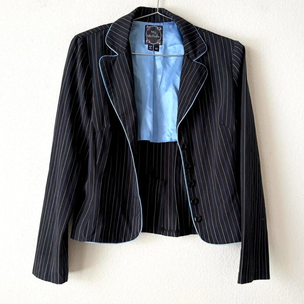 y2k 2000s Black Pinstriped Blazer Jacket Satin Blue Lining Women's Small